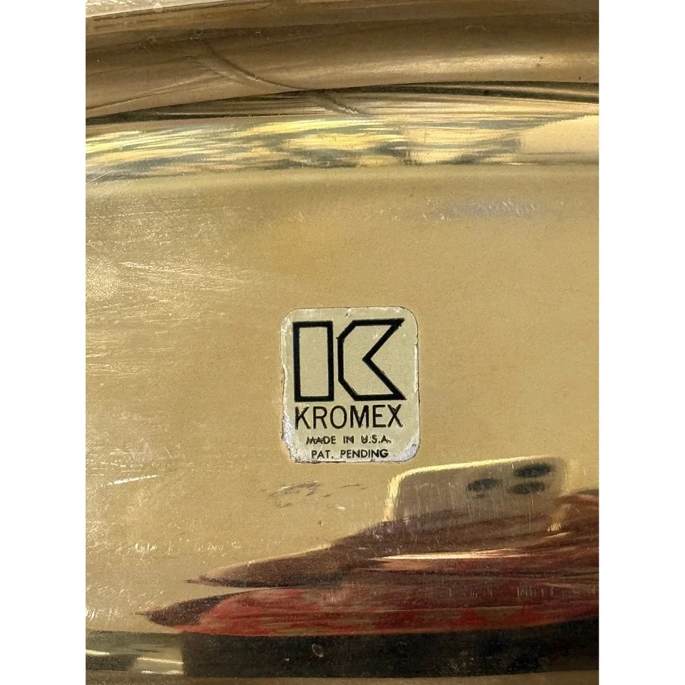 Vintage Kromex Brass Tone Serving Tray Mid Century Modern Scrolled Handles USA
